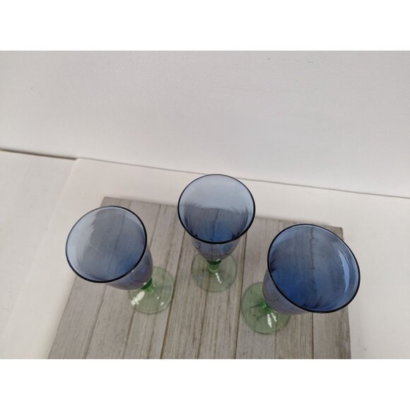 French Style Set of 3 Wine Drinking Glasses 8 5/8" Tall Blue Green Stem - Picture 5 of 9